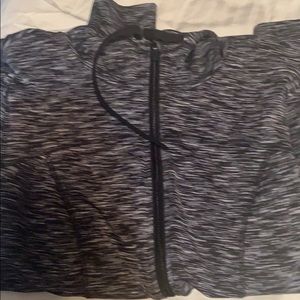 Heather’s gray hooded sweatshirt